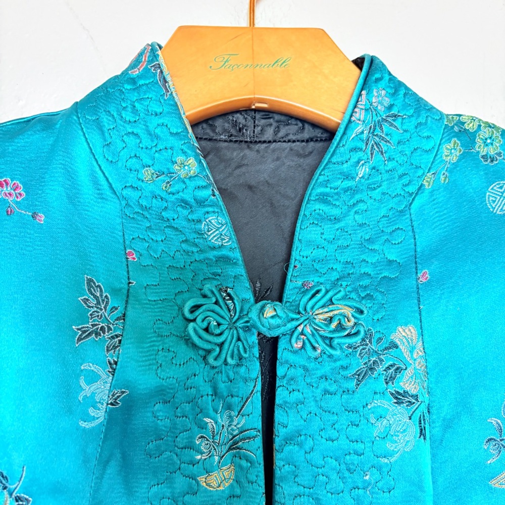 Vintage Reversible Satin Chinese Jacket Teal Black Embroidered Frog‎ Buttons - Picture 10 of 16